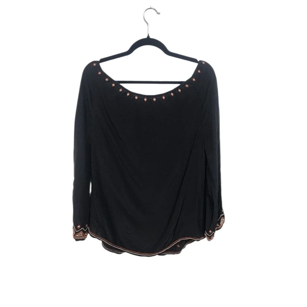 Tory‎ Burch Embroidered Black Long Sleeve Blouse Shirt Size 4 Boho Southwestern
